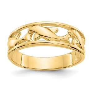 14k Yellow Gold Triple Dolphin Nautical Sea Life Band Ring, Size 6.5